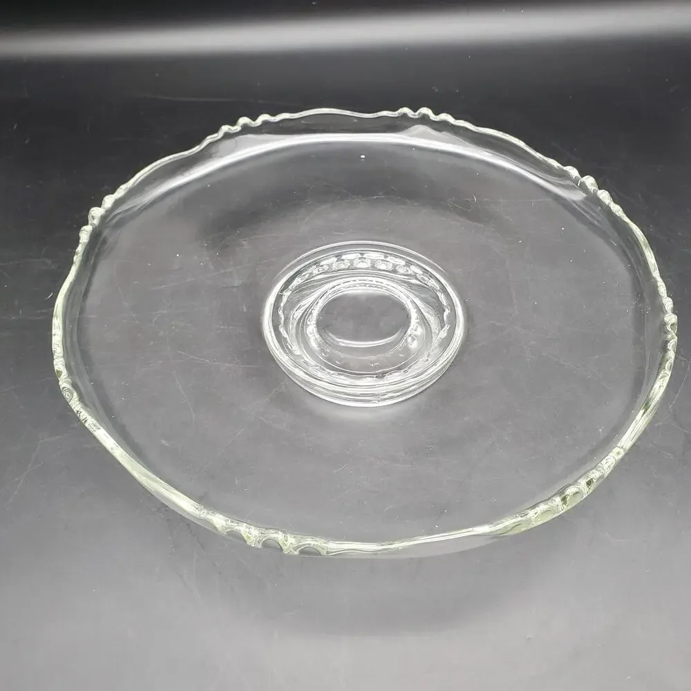 Vintage Clear Glass Low Pedestal Cake Stand Scalloped Rim Serving Plate